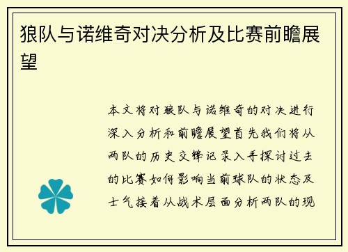 狼队与诺维奇对决分析及比赛前瞻展望