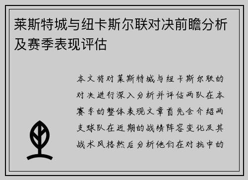 莱斯特城与纽卡斯尔联对决前瞻分析及赛季表现评估